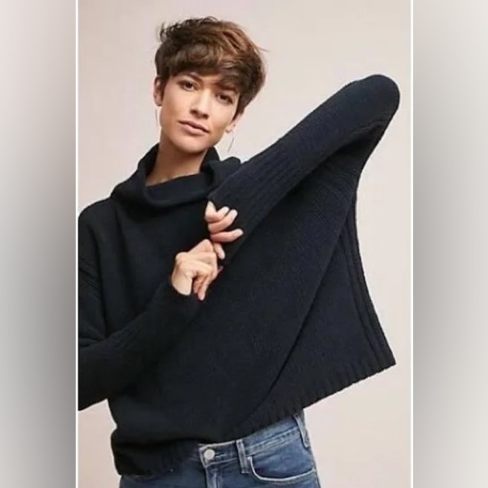 Field Flower Anthropologie Chenille Knit Mock Neck Crop Sweater Black Small